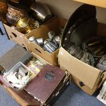 Assorted copper, brass, other metalwares, stamps, cigarette cards and items (4 boxes)