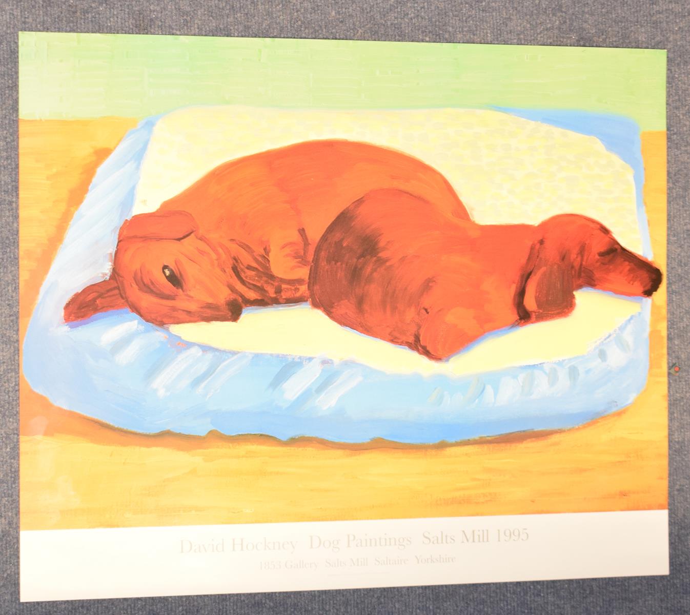 After David Hockney, dog paintings, Salts Mill 1995, colour poster, 53 x 65 cm and another (both