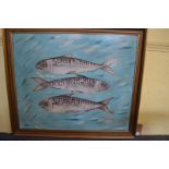 British school, late 20th century, three pilchards, acrylic, 50 x 60 cm