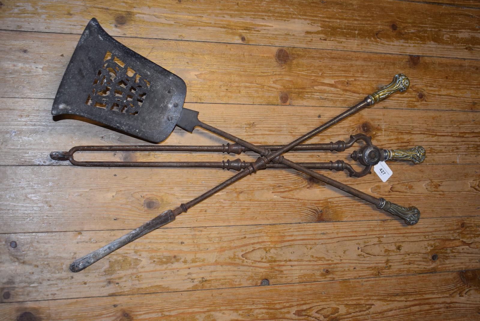 A set of three 19th century steel fire irons, the brass handles decorated flowers and foliage, the