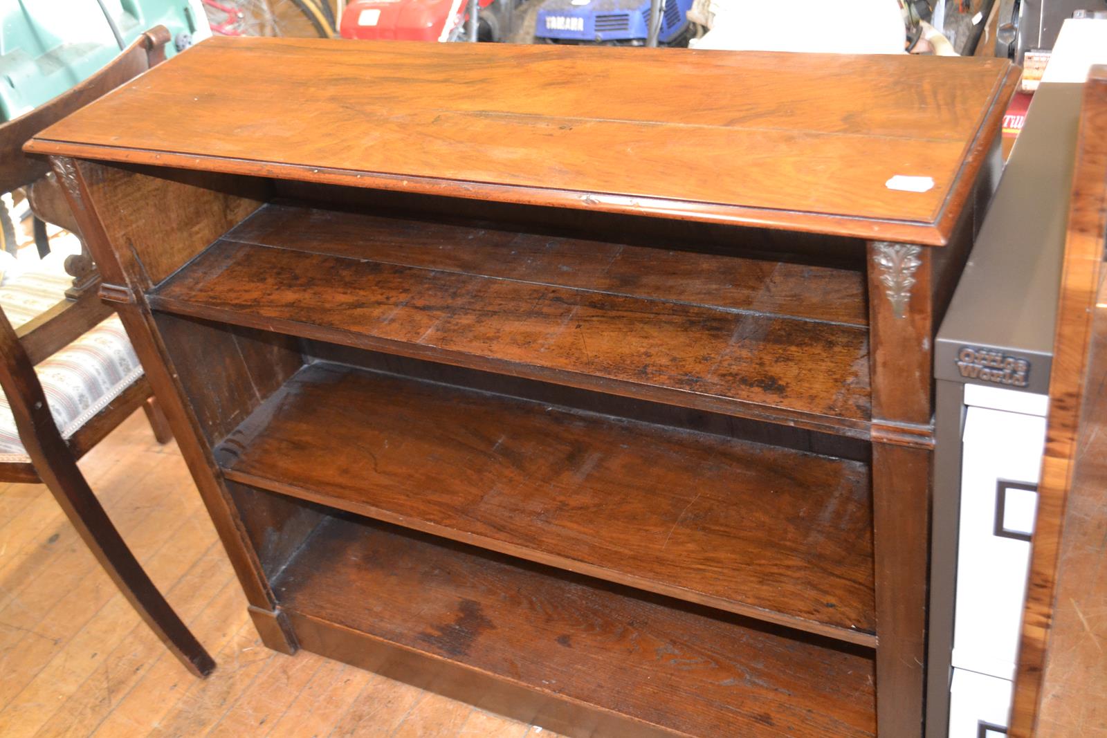 A walnut open bookcase, 95 cm wide, a pair of bedside tables, 47.5 cm wide, a yew chest, of six