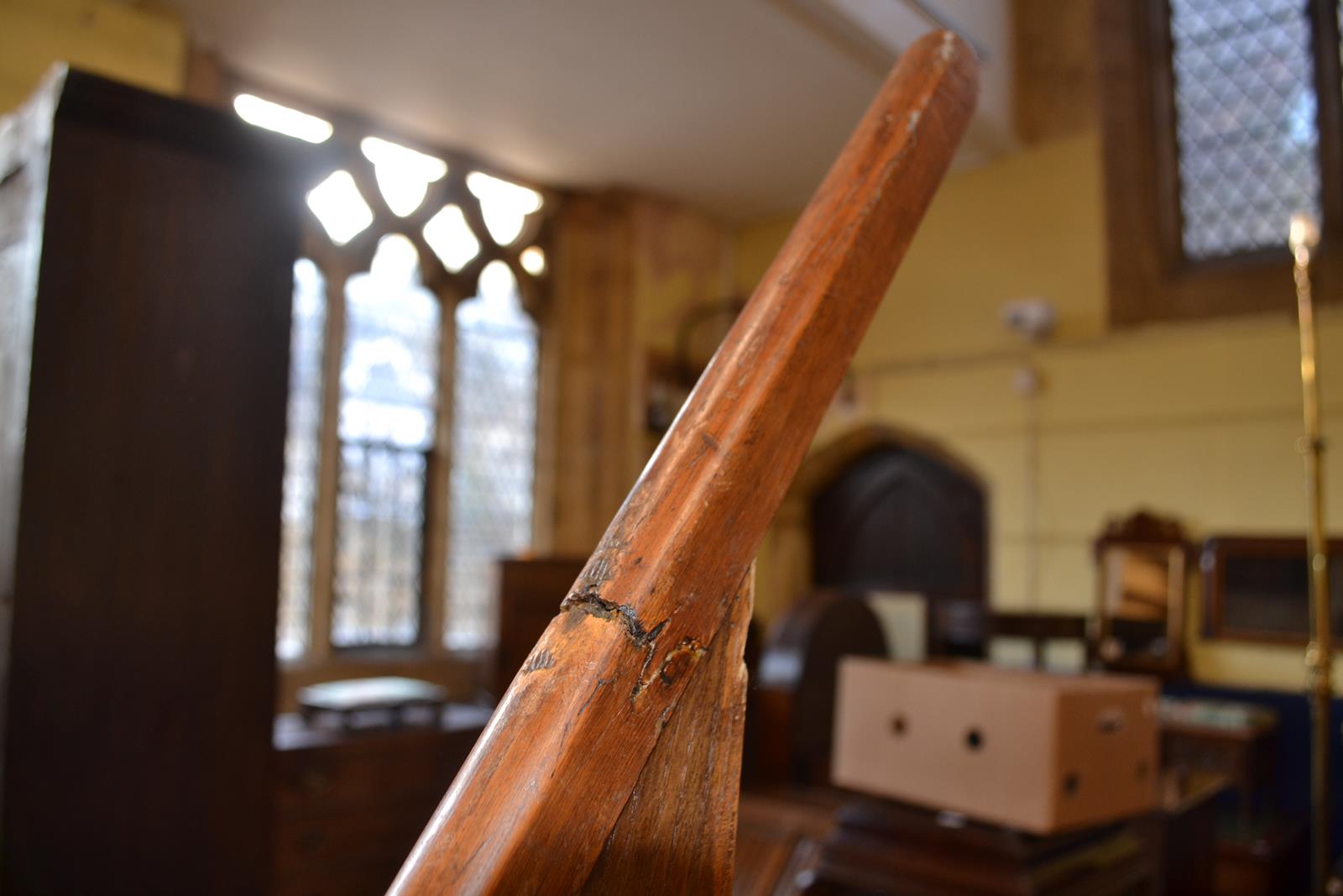 A set of oak library steps, 48 cm wide Top part of grab rail has been repaired. Some worm to the - Image 3 of 4