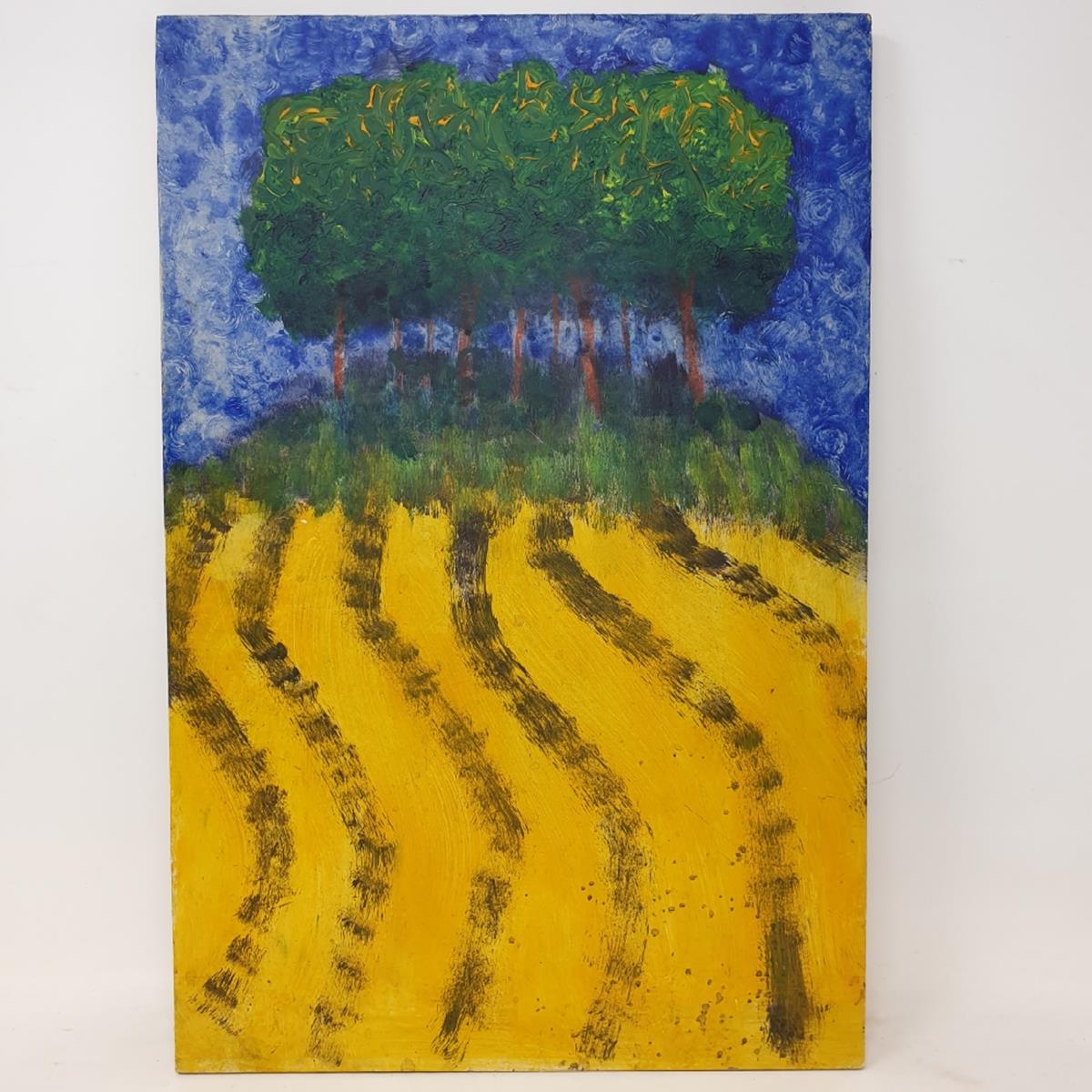 Modern British school, a clump of trees on a hillside, acrylic on MDF, 43 x 29 cm (unframed),