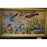 Chinese school, 19th century, birds amongst blossom, on pith paper, 15 x 27.5 cm, and a pair of silk