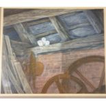 Pam Mullings, Owlets in a barn, gouache, signed, 42 x 50 cm