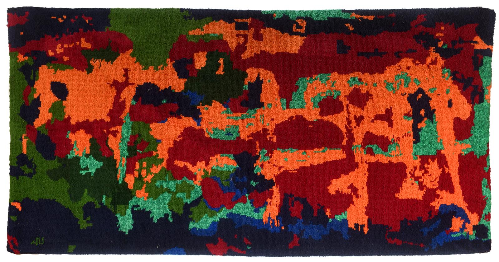 An Ann Upton (later Graves) woolwork rug/hanging, with an abstract design on a dark blue ground,