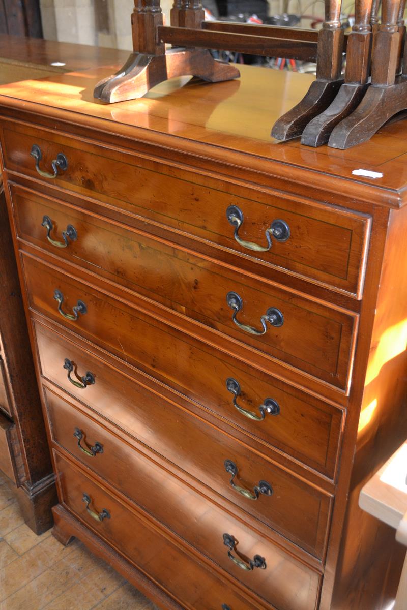 A walnut open bookcase, 95 cm wide, a pair of bedside tables, 47.5 cm wide, a yew chest, of six - Image 3 of 6