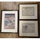 A Japanese woodblock picture, a battle scene, 34.5 x 23 cm, and two other woodblock pictures (3)