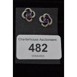 A pair of 9ct gold, amethyst and diamond earrings