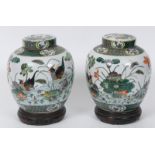 A pair of Chinese famille verte ginger jars and covers, decorated birds, flowers and foliage, 21.5