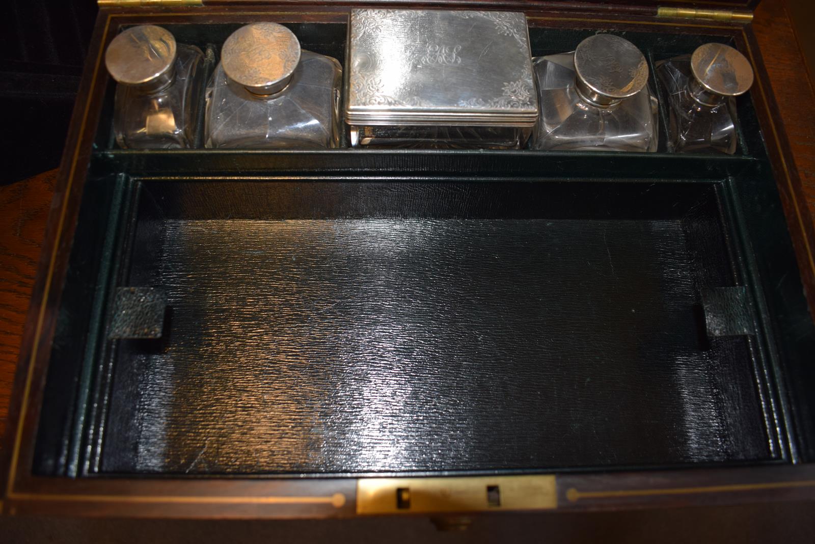 A Victorian rosewood travelling dressing case, the silver mounts initialled and ingraved scrolling - Image 6 of 11