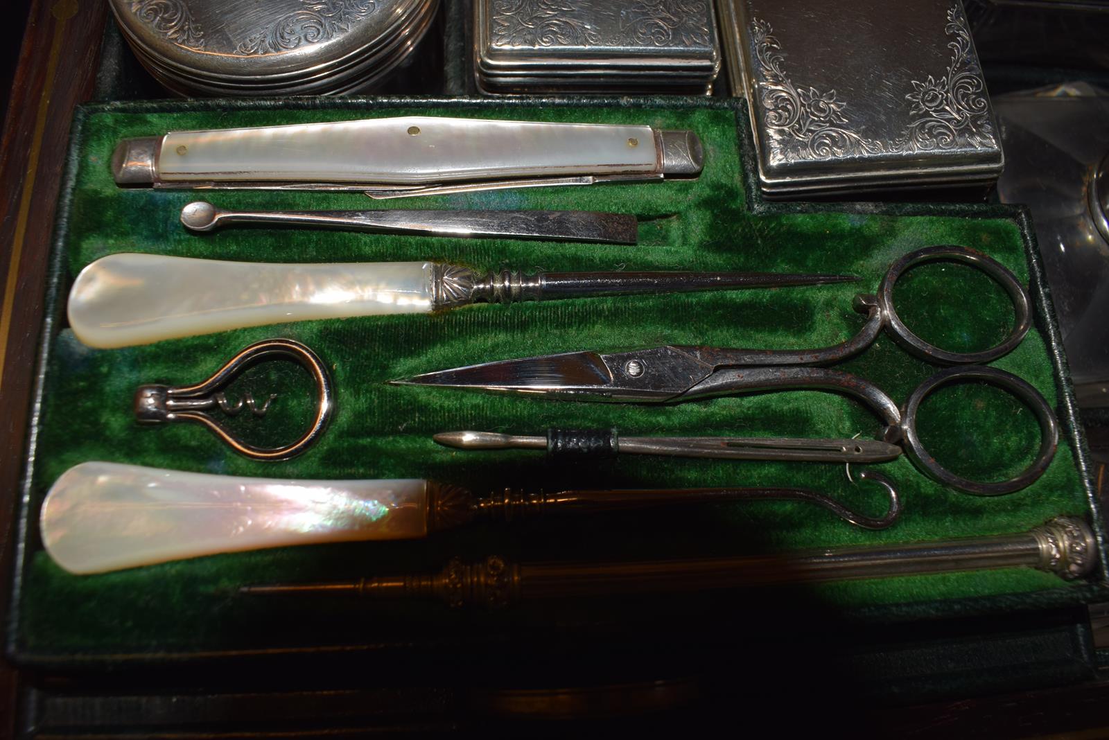 A Victorian rosewood travelling dressing case, the silver mounts initialled and ingraved scrolling - Image 9 of 11