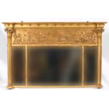 A Regency style gilt gesso overmantel mirror, the frieze decorated a chariot being pulled by lions