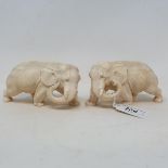 A pair of Japanese carved ivory elephants, Meiji period, slight loss, 6 cm high