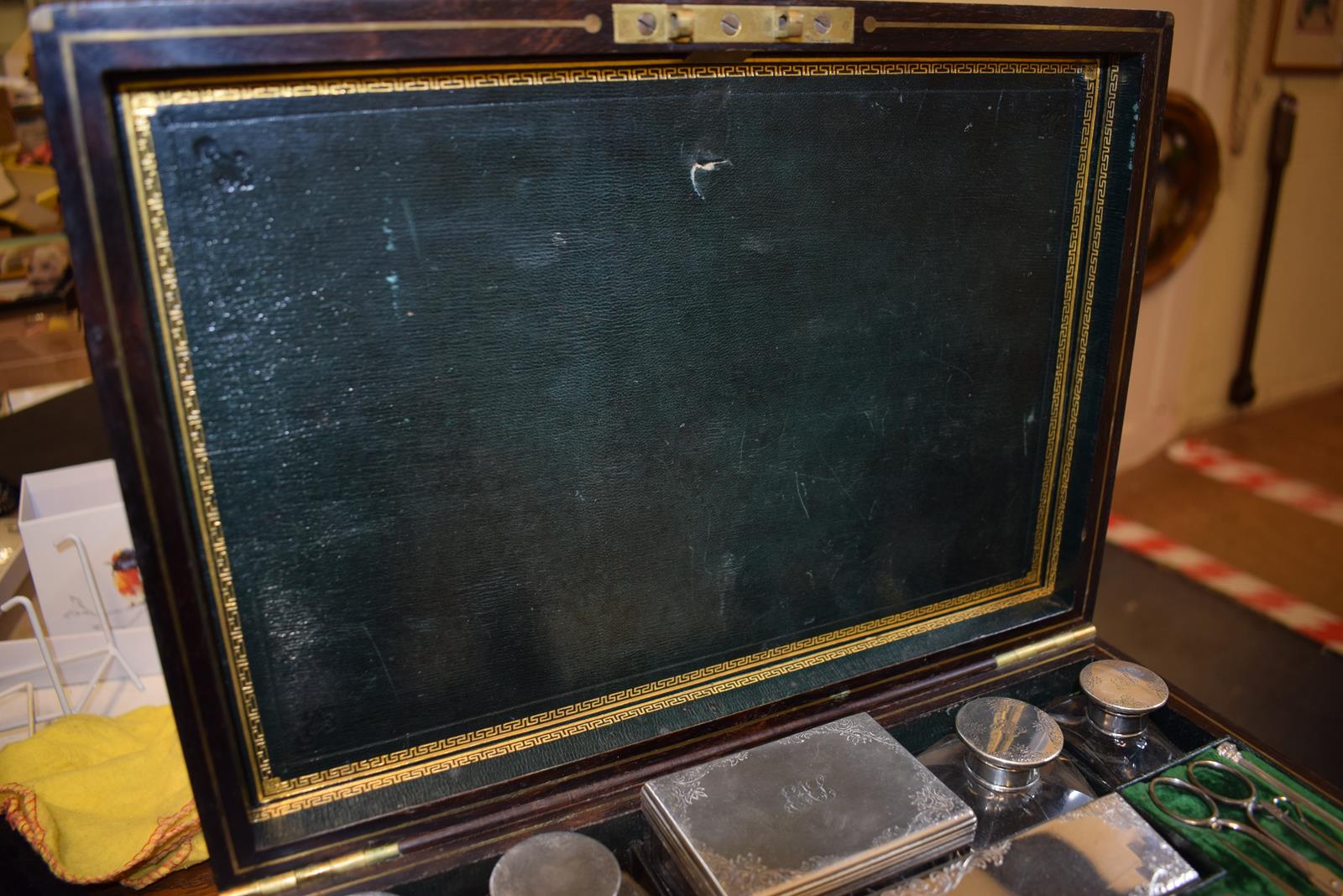 A Victorian rosewood travelling dressing case, the silver mounts initialled and ingraved scrolling - Image 10 of 11