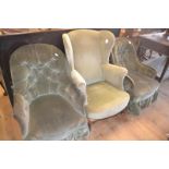 A Victorian upholstered button back armchair, another similar, and a wing armchair (3)