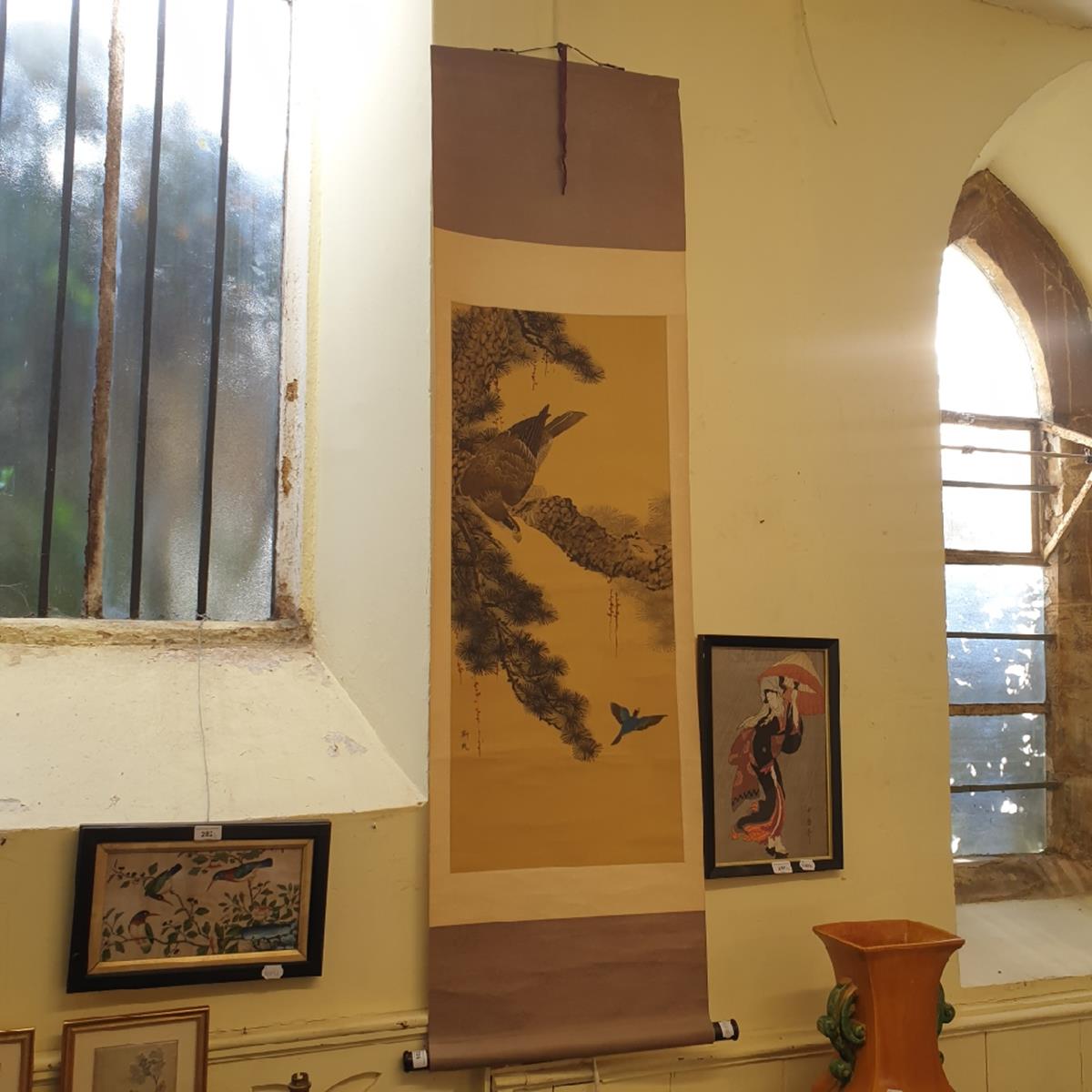 A Japanese painted hanging scroll, decorated with an eagle in a pine tree, signed, the image 93 cm x - Image 2 of 2