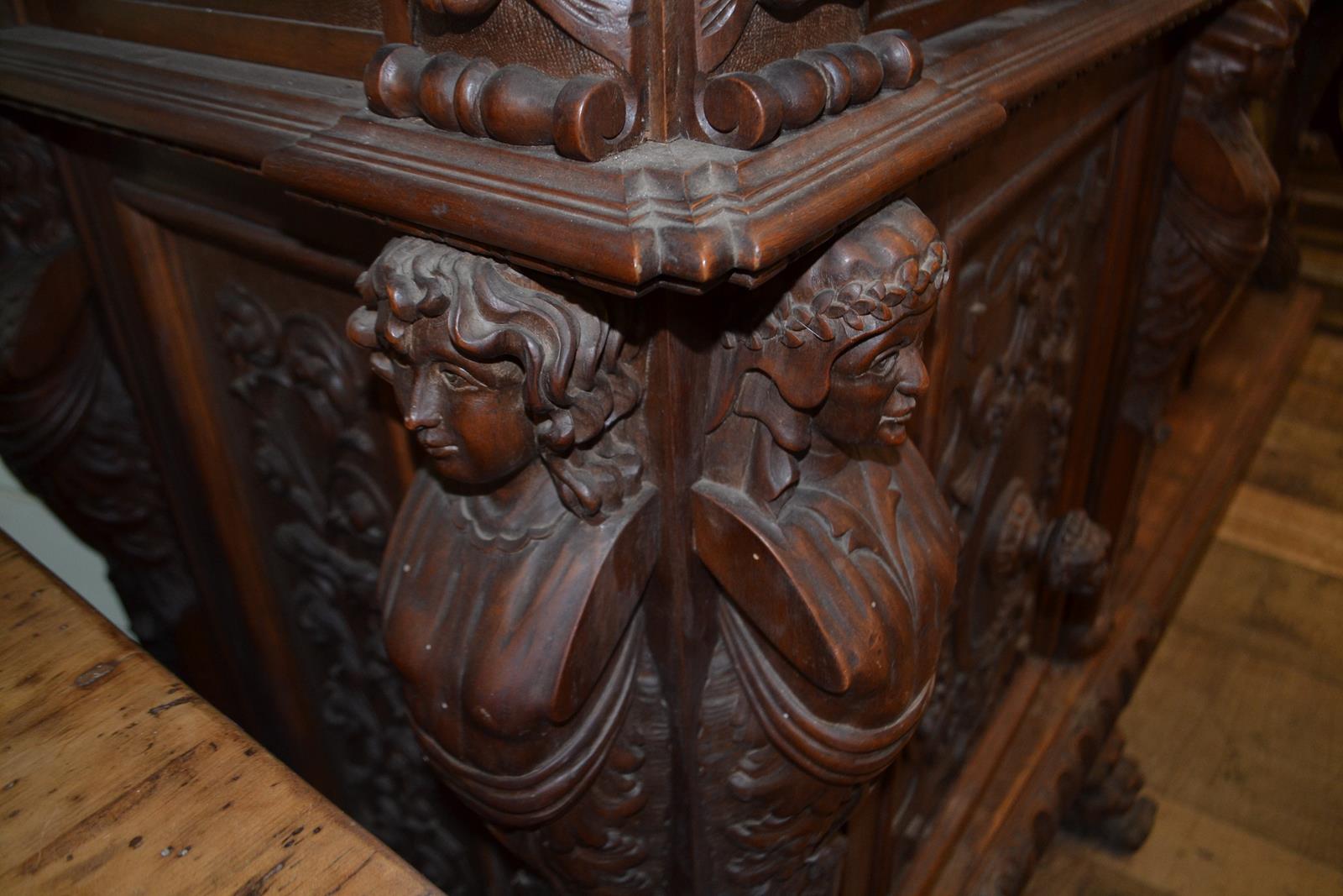 A late 19th/early 20th century walnut cabinet on stand, carved figural caryatids, bell flowers and - Image 3 of 5