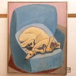 Modern British school, a greyhound on a blue armchair, oil on canvas, 86 x 71 cm Provenance: From
