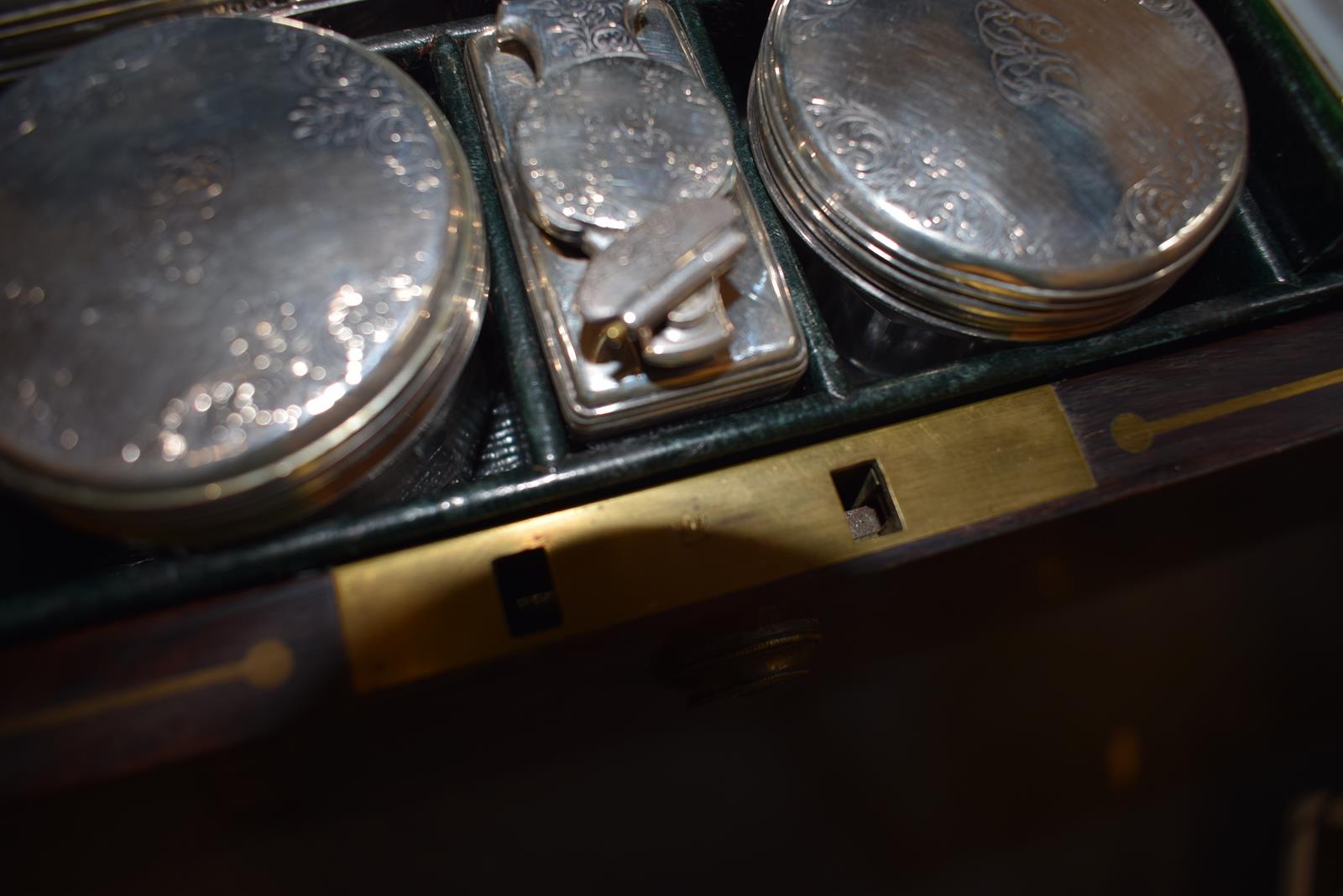 A Victorian rosewood travelling dressing case, the silver mounts initialled and ingraved scrolling - Image 11 of 11