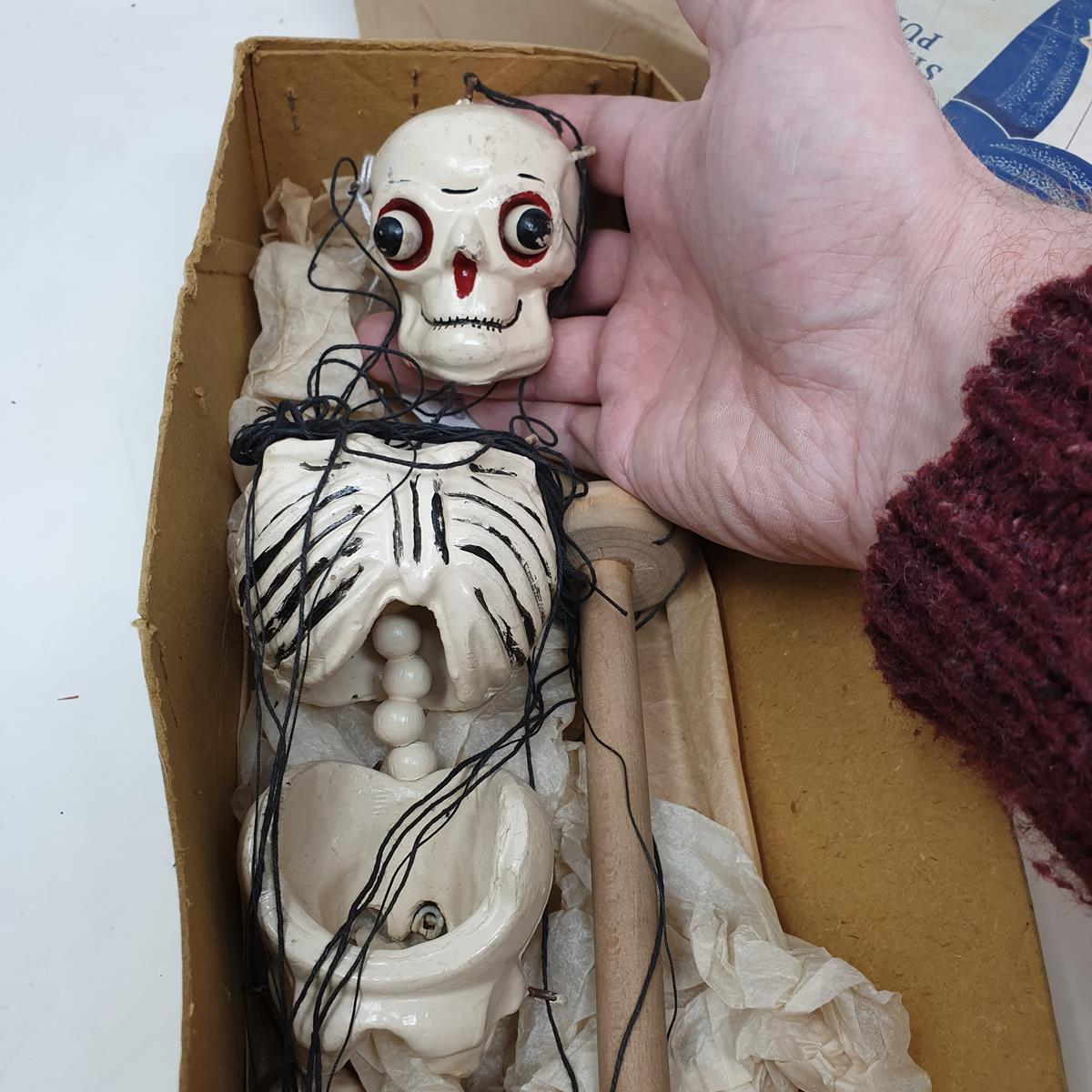 A Pelham puppet, Skeleton, in original brown box Strings tangled. - Image 2 of 2