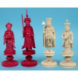 A 19th century Chinese export ivory chess set, with red stained Chinese characters, the natural