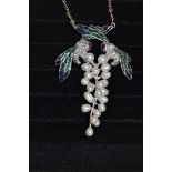 A silver, enamel and pearl dragonfly necklace