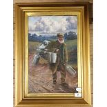 Murray (?), a hawker smoking a pipe and carrying various kitchen metalwares, oil on board,