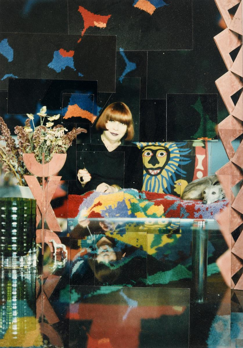 Studio of David Hockney, Ann Graves (nee Upton), working on a woolwork hanging by a glass coffee