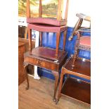 A 19th century mahogany tripod table, 50 cm wide, a pair of stools, two other stools, and other