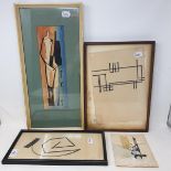 Four assorted works, a surrealist style watercolour, the reverse inscribed Barbera, 33 x 10 cm, a
