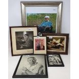Six assorted photographs and prints, including a printed image of David Hockney sitting next to a