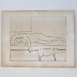 Modern British school, a female nude and a dog, etching, 16 x 20 cm, a sketch of a fisherman in a