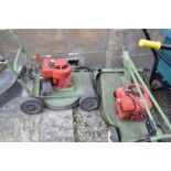 A D R petrol pushalong strimmer, two Hayter lawnmowers, and a Ryobi Mulching blower vacuum (4)