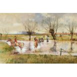 Michael Lyne (1912-1989), crossing the water, possibly Gloucestershire, watercolour and