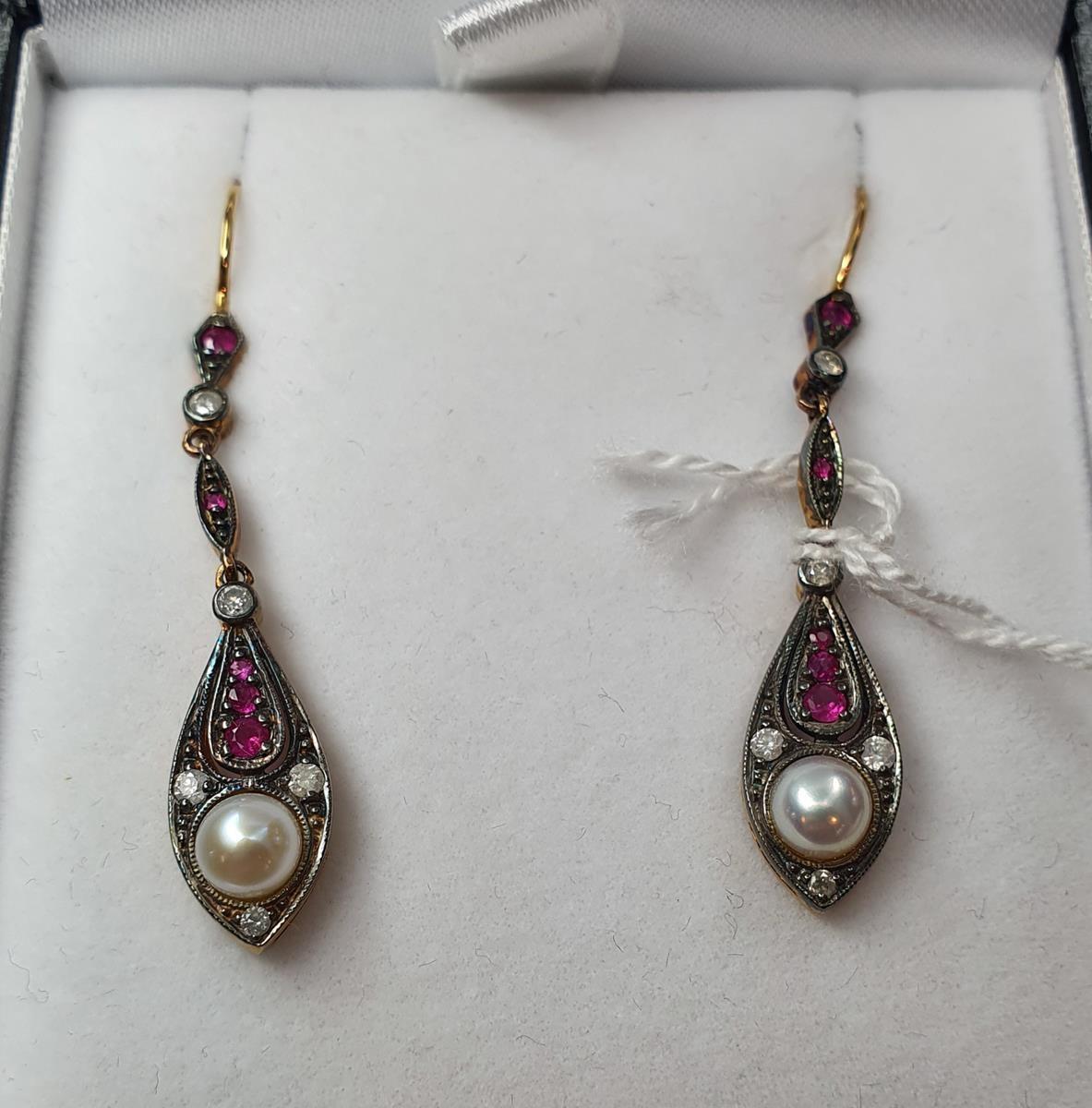 A pair of drop earrings set with rubies, diamonds and pearls - Image 3 of 4