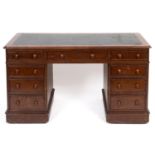 A Victorian oak pedestal desk, the leatherette inset top above an arrangement of nine drawers, 137