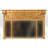 A Regency style gilt gesso overmantel mirror, the frieze decorated a chariot being pulled by lions