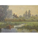 French school, landscape with a figure and boat, oil on on canvas, 50 x 70