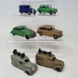 A Dinky Toys Chrysler Airflow salon, green, 30A, two loud speaker vans, and three other vehicles (6)