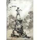 Hilda E Bonsey (20th century), Peter Pan statue in Kensington Gardens, monochrome etching, pencil