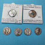 An Hadrian (AD 117-238) silver denarius, victory flying holding a trophy, and five other coins (6)