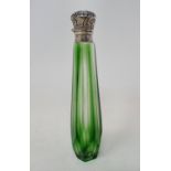A green glass scent bottle, with silver coloured metal mounts, 12 cm Report by RB Modern