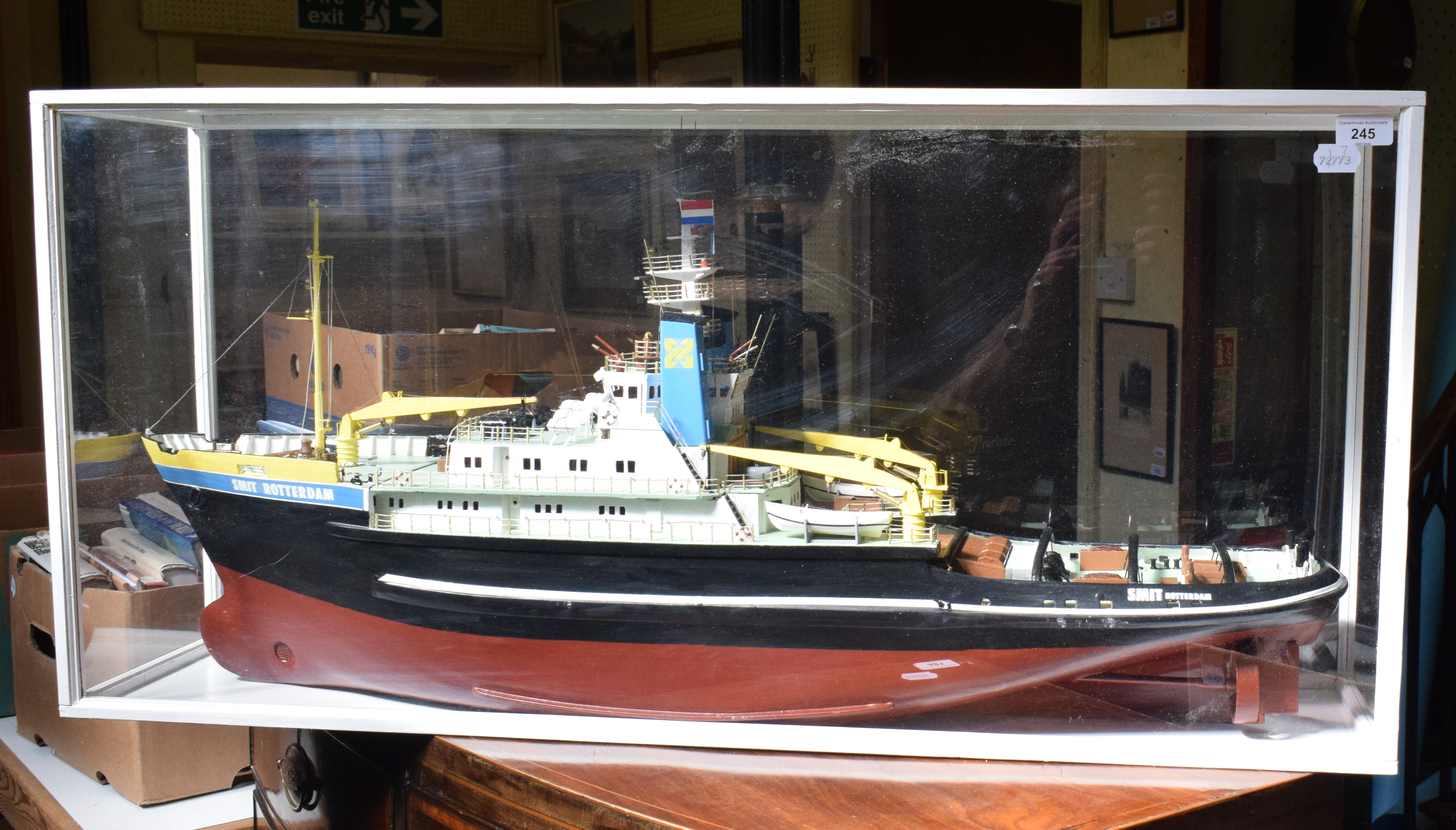 A scale model of a boat, Smit Rotterdam, 93 cm wide, in a case, 100 cm wide