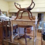 A Victorian stripped pine table, 82 cm wide, an Art Nouveau stool, an X framed stool, and a mahogany