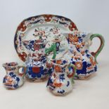 Assorted Masons Patent Ironstone China jugs, other ceramics, a mahogany writing slope, metalwares