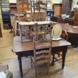 A mahogany kitchen type table, 137 cm wide, a painted bookcase, and other items (qty)