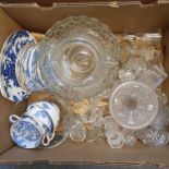 A blue and white bowl, assorted glass, ceramics, cigarette cards, two framed silks and a group of
