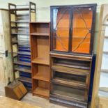 A Globe Wernicke style oak three section bookcase, 86 cm, other bookcases, a display cabinet, and