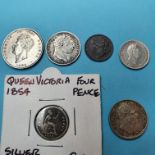 A George IV shilling, 1826, a sixpence, 1824, a groat, 1854, and other coins (6)